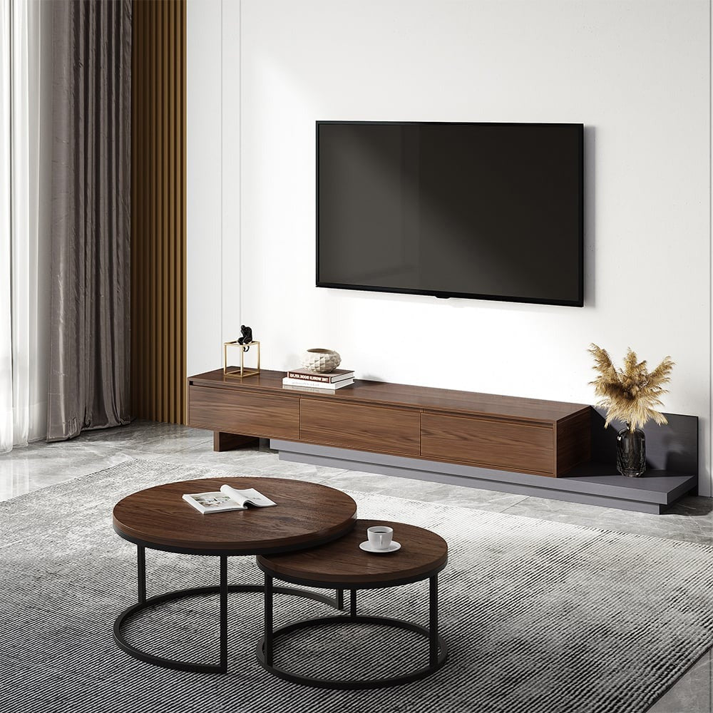 Modern Grey and Walnut Extendable TV Table with 3 Drawers 180x40x35 cm