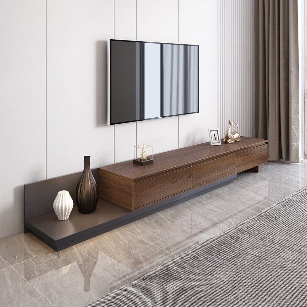 Modern Grey and Walnut Extendable TV Table with 3 Drawers 180x40x35 cm