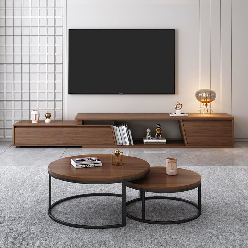 Modern Walnut Extendable Tv Table with 3 Drawers