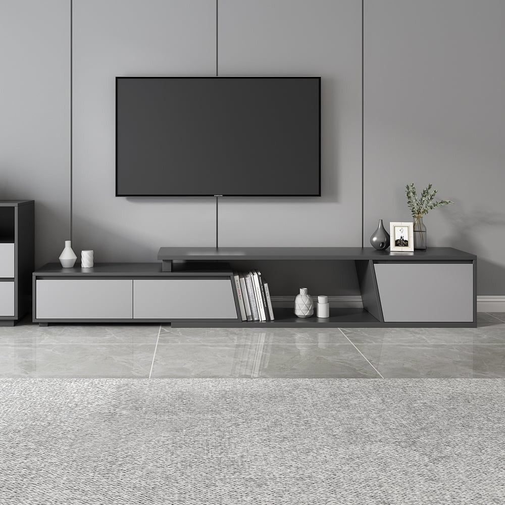 Modern Grey and White Extendable Tv Table with 3 Drawers
