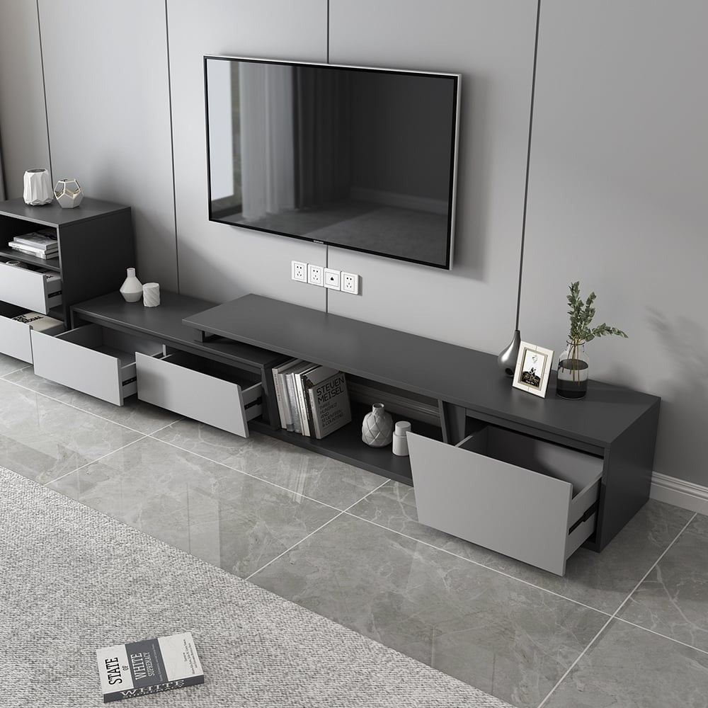 Modern Grey and White Extendable Tv Table with 3 Drawers