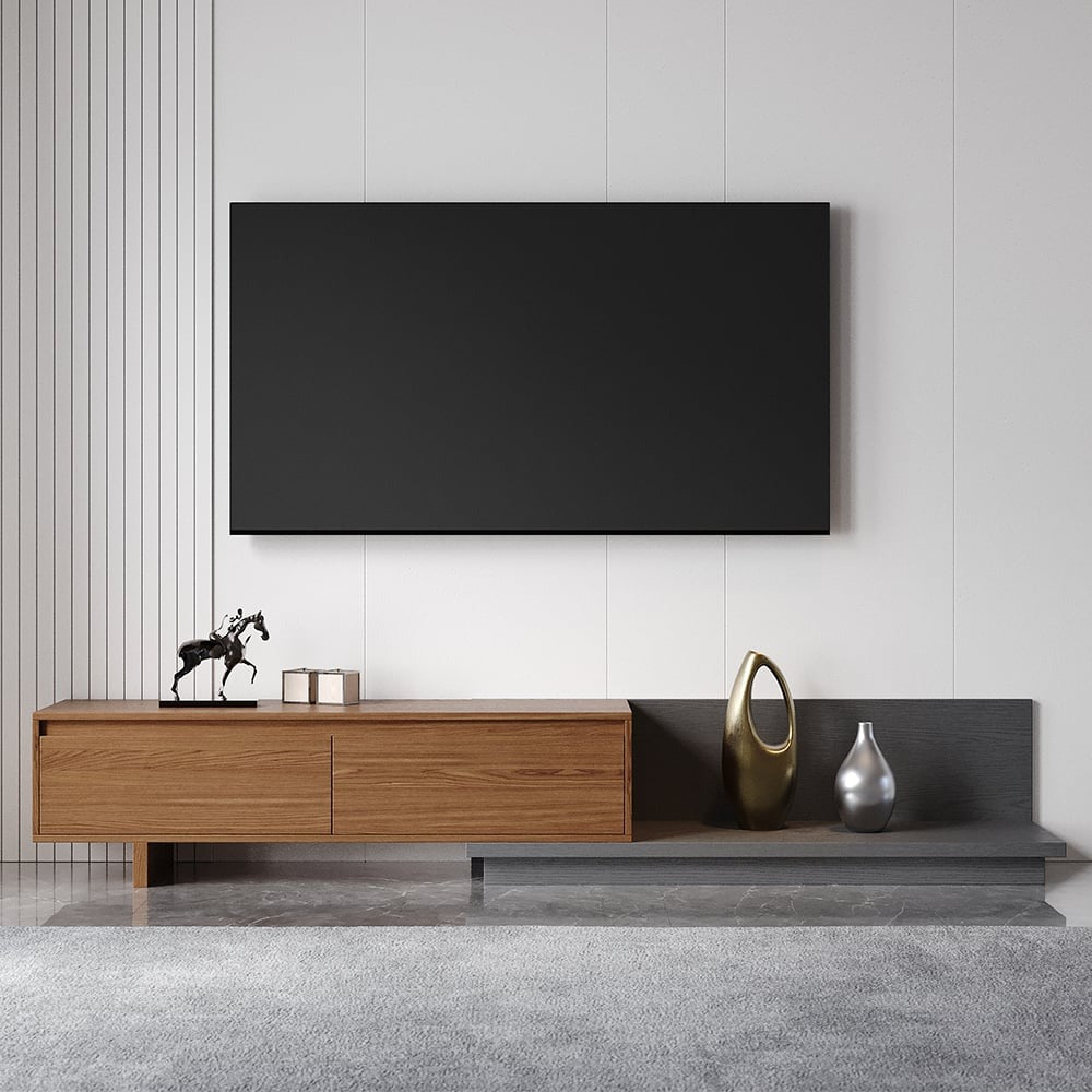 Modern Grey and Walnut Extendable TV Table with 3 Drawers 180x40x35 cm