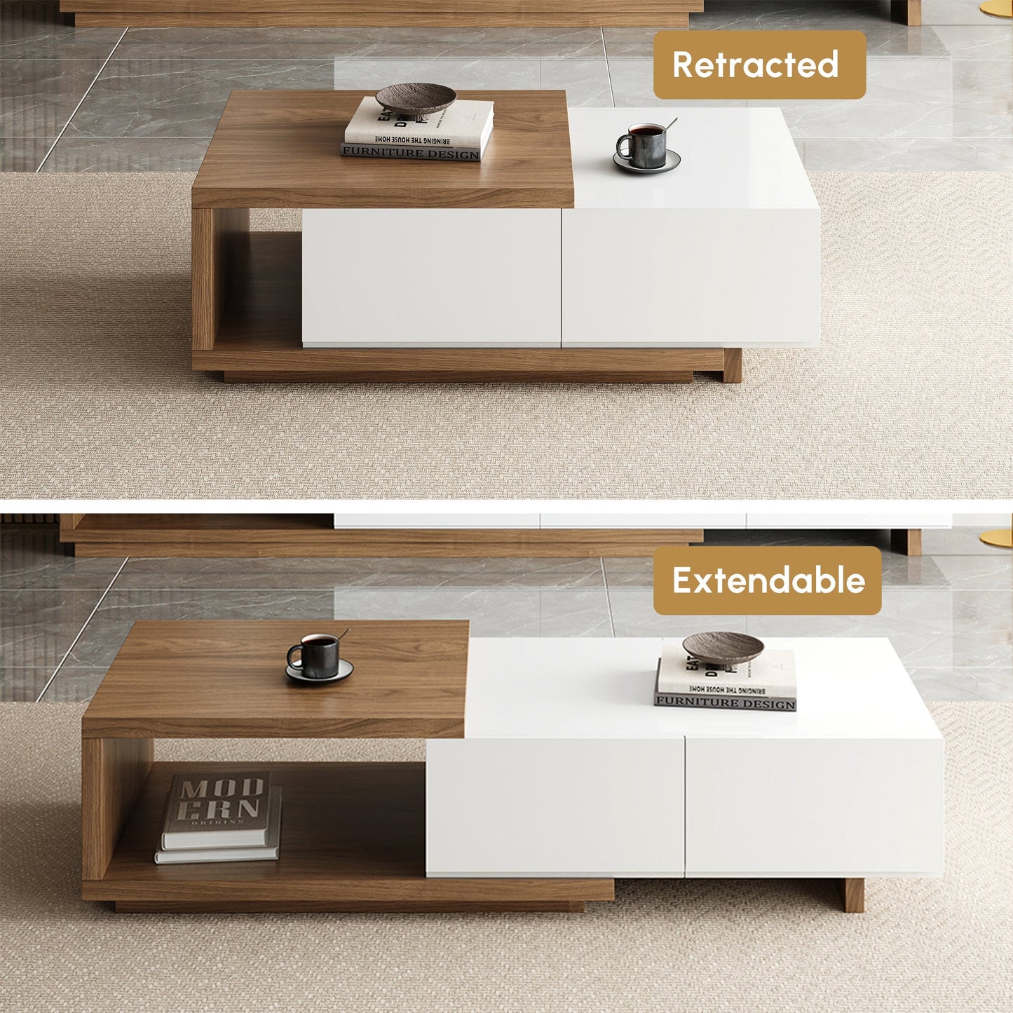 Modern Walnut Extendable Coffee Table with 2 Drawers 120x60x41 cm
