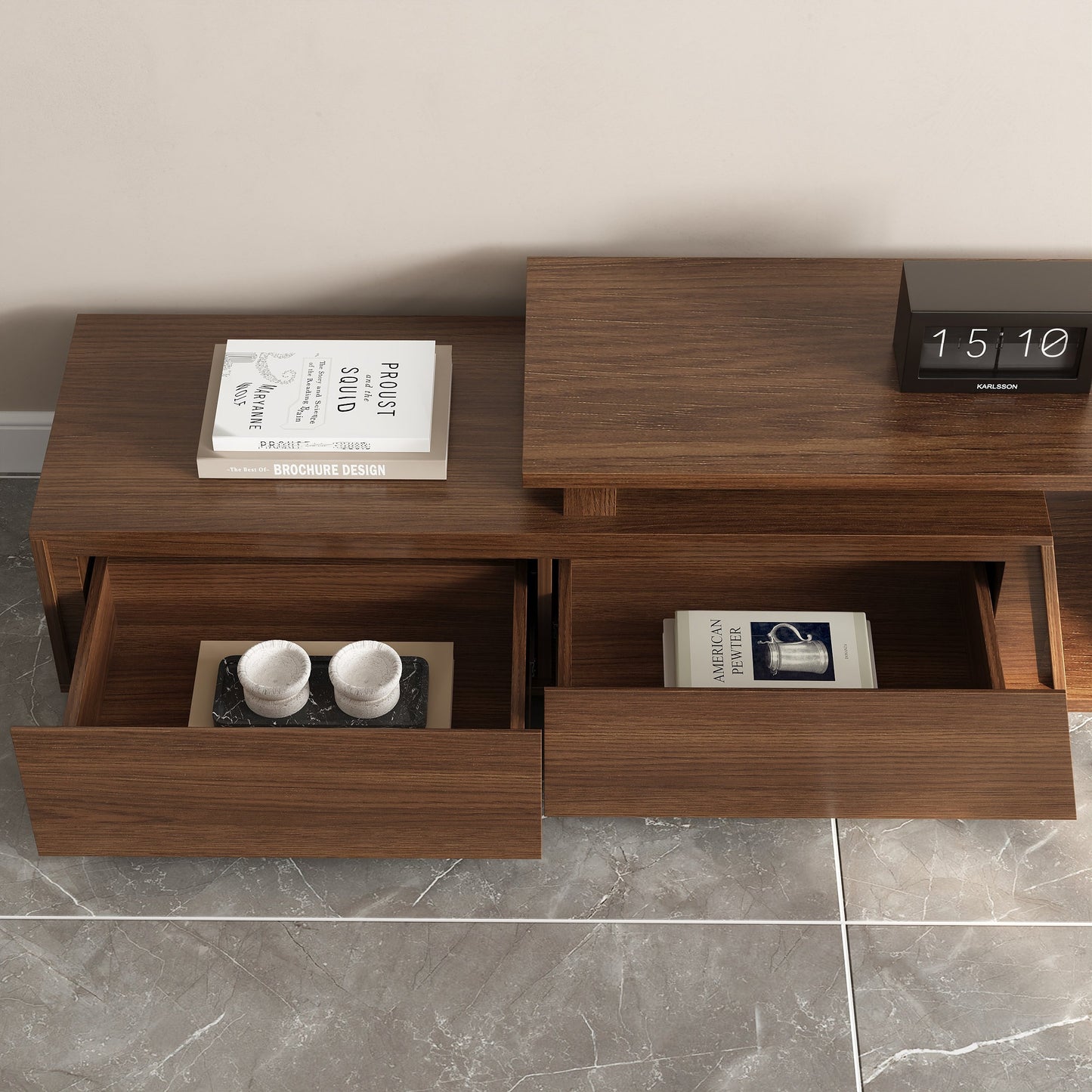 Modern Walnut Extendable Tv Table with 3 Drawers