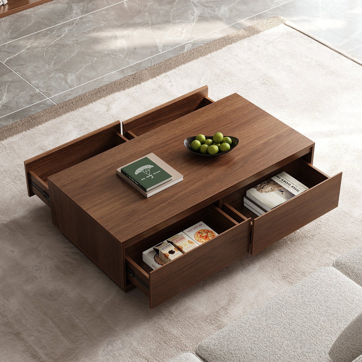 Modern Walnut Coffee Table with 4 drawers 120x60x35