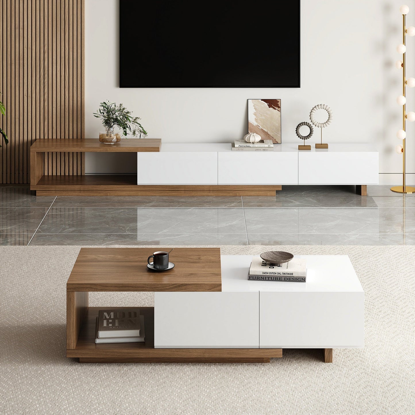Modern Walnut and White Extendable Tv Table with 3 Drawers 180x40x35