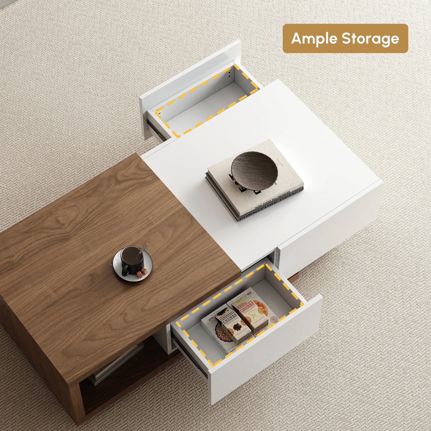 Modern Walnut Extendable Coffee Table with 2 Drawers 120x60x41 cm