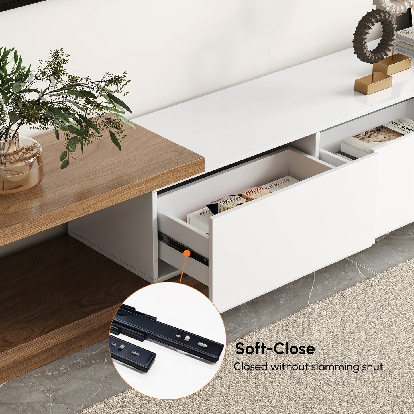 Modern Walnut and White Extendable Tv Table with 3 Drawers 180x40x35