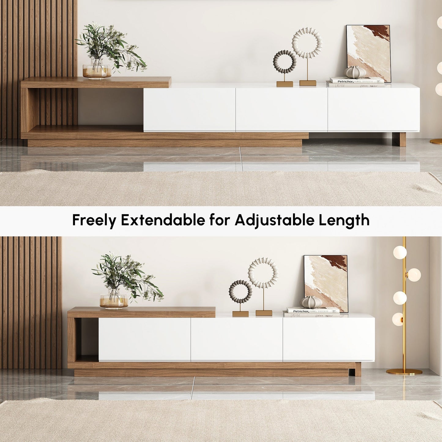 Modern Walnut and White Extendable Tv Table with 3 Drawers 180x40x35