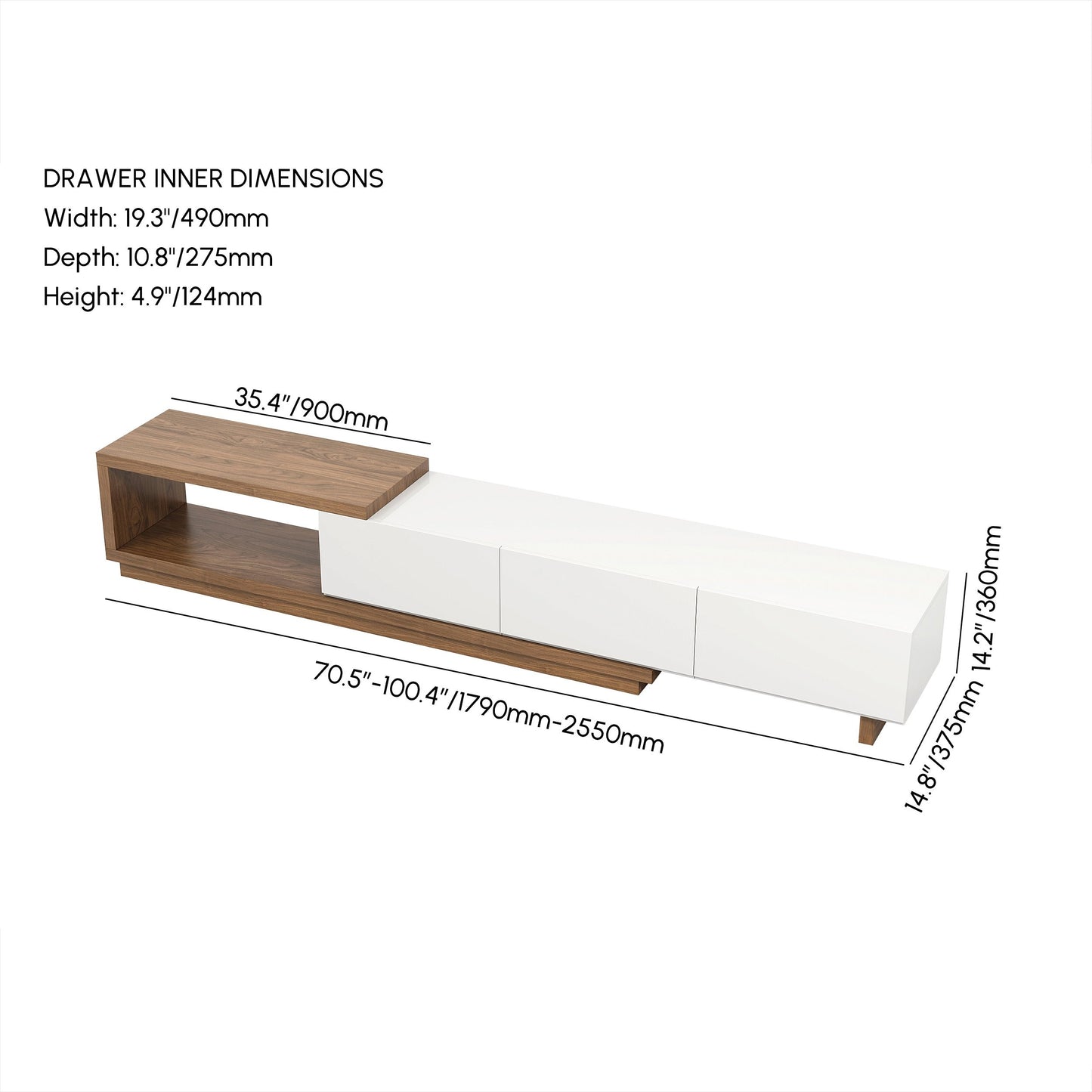 Modern Walnut and White Extendable Tv Table with 3 Drawers 180x40x35