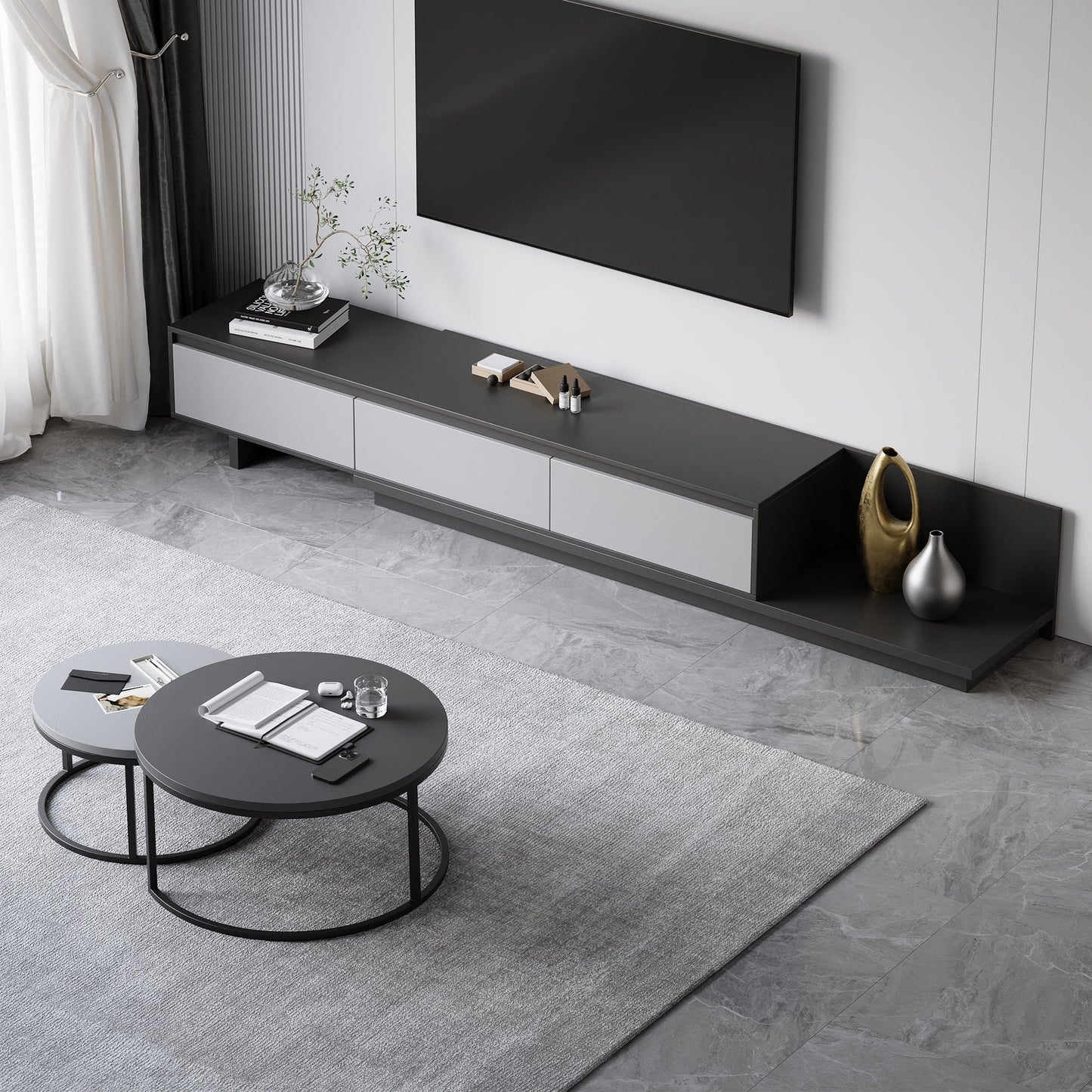 Modern Grey and White Extendable TV Table with 3 Drawers 180x40x35 cm