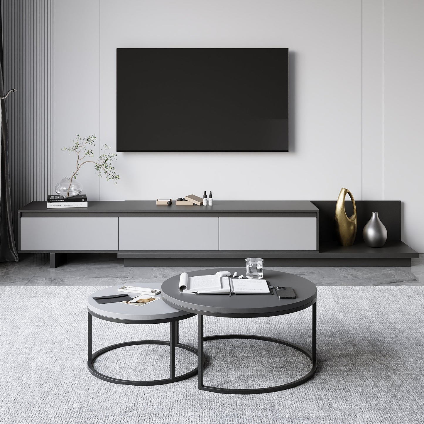 Modern Grey and White Extendable TV Table with 3 Drawers 180x40x35 cm