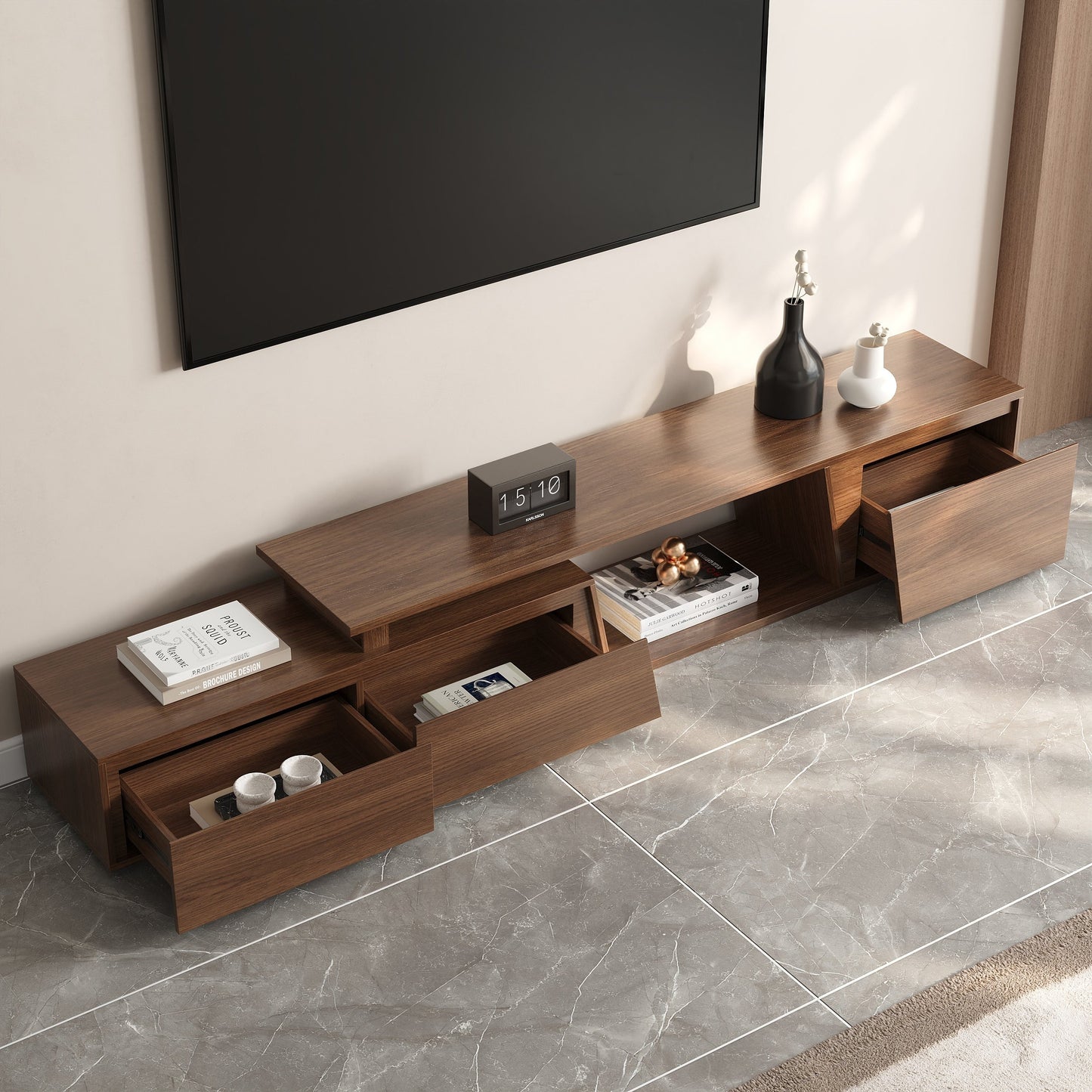 Modern Walnut Extendable Tv Table with 3 Drawers