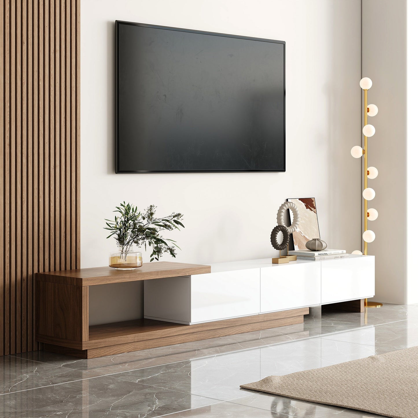 Modern Walnut and White Extendable Tv Table with 3 Drawers 180x40x35