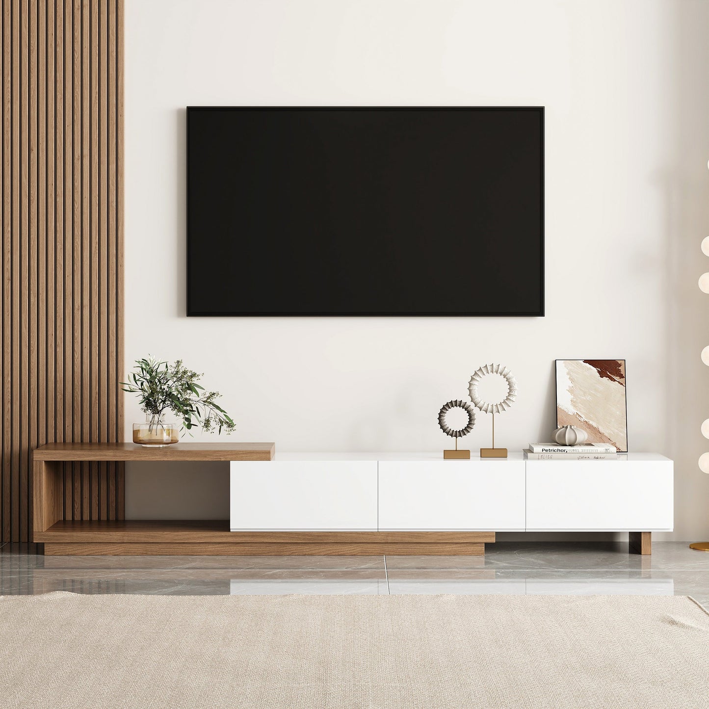 Modern Walnut and White Extendable Tv Table with 3 Drawers 180x40x35