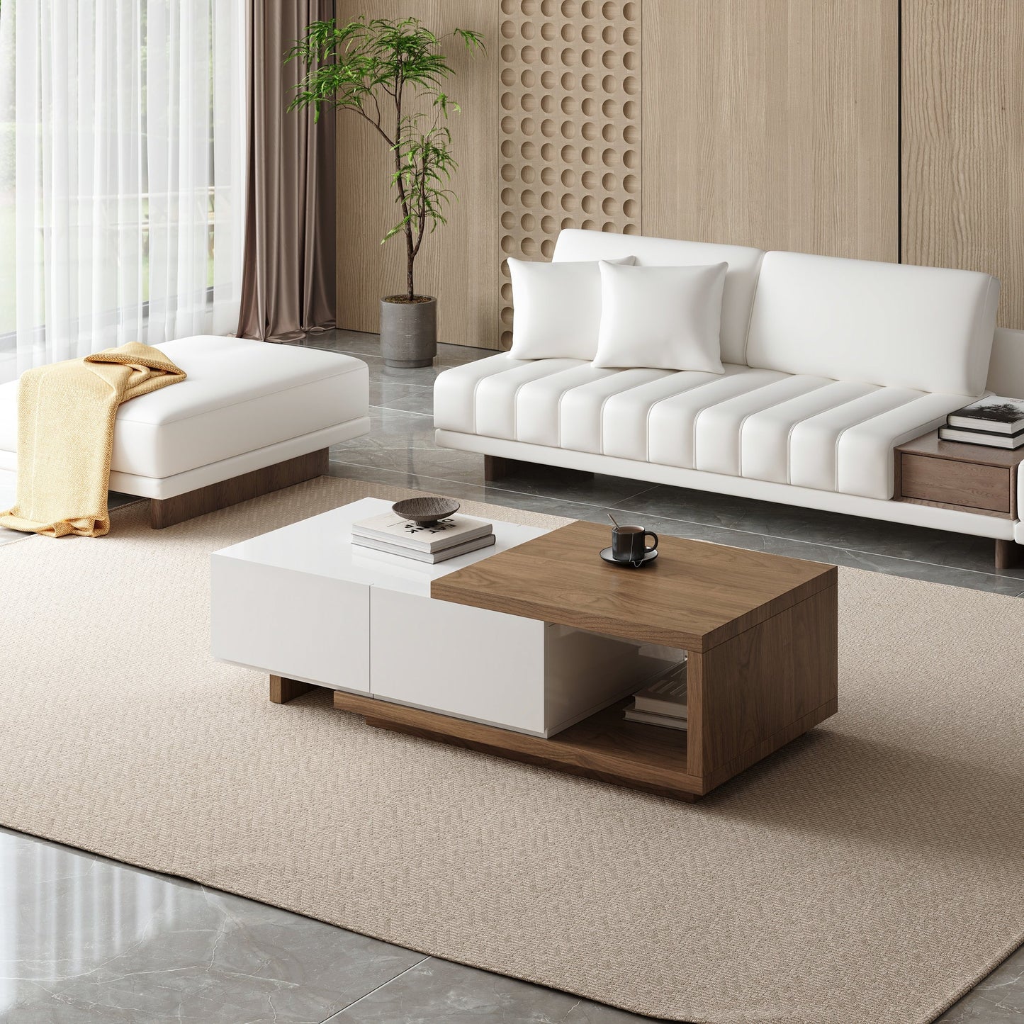 Modern Walnut Extendable Coffee Table with 2 Drawers 120x60x41 cm