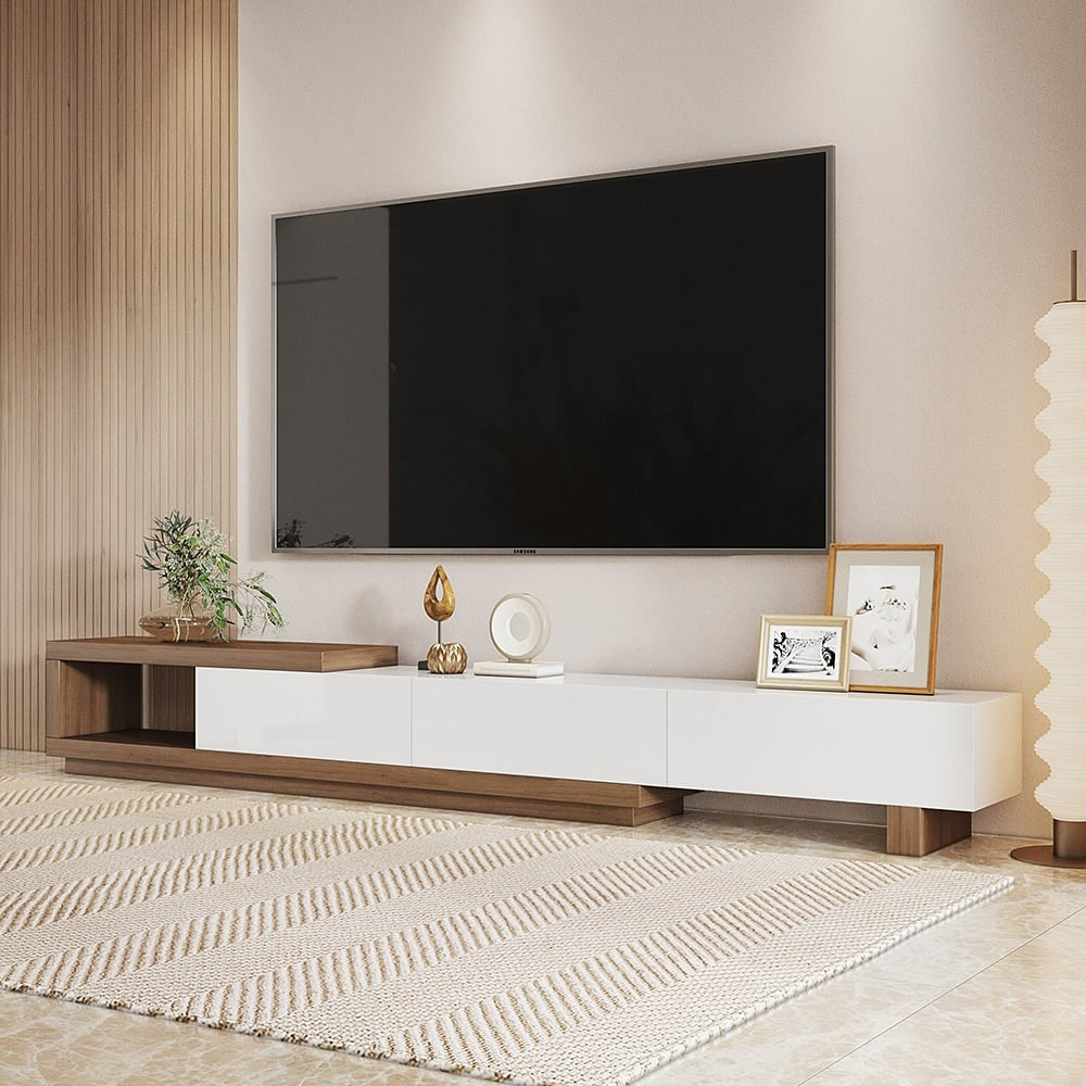 Modern Walnut and White Extendable Tv Table with 3 Drawers 180x40x35