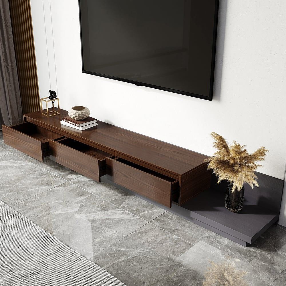 Modern Grey and Walnut Extendable TV Table with 3 Drawers 180x40x35 cm