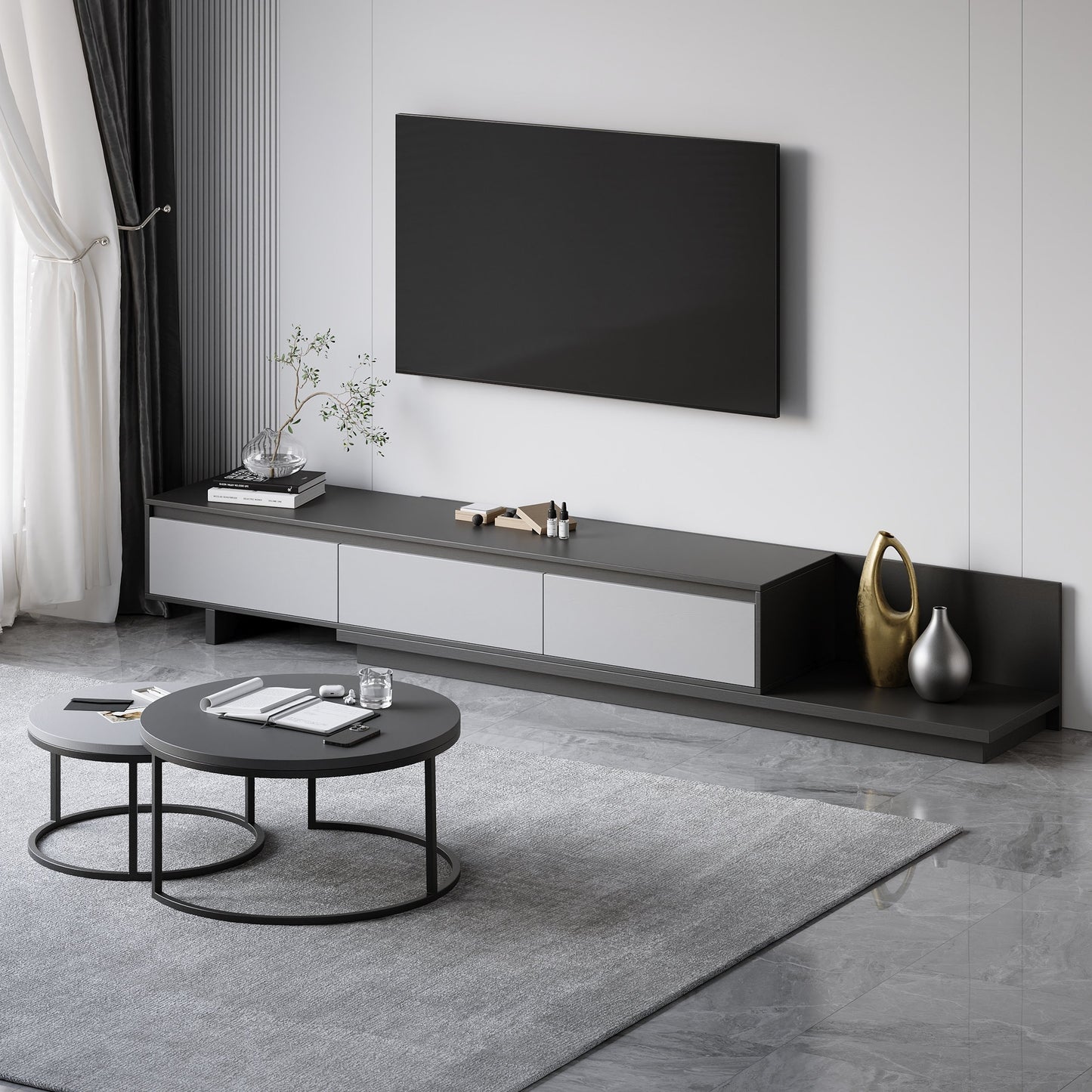 Modern Grey and White Extendable TV Table with 3 Drawers 180x40x35 cm