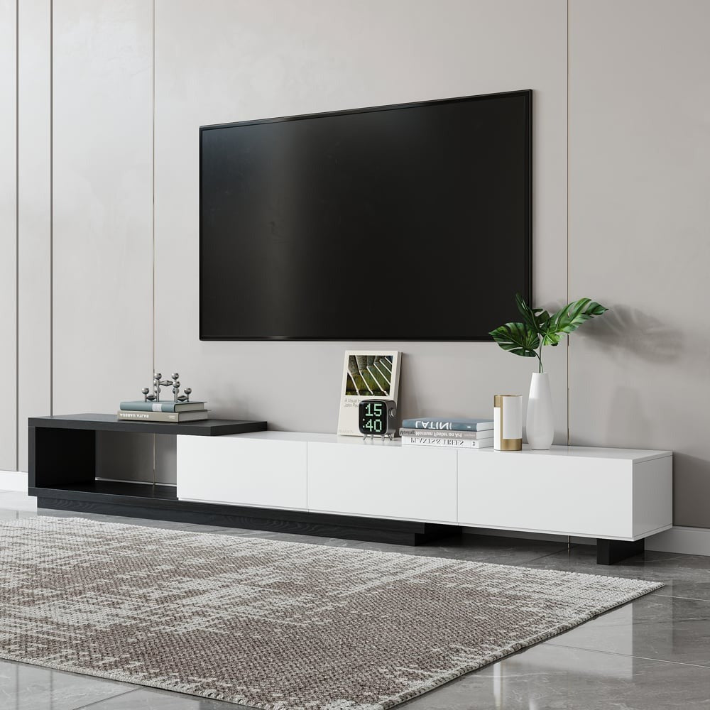 Modern Black and White Extendable Tv Table with 3 Drawers 180x40x35