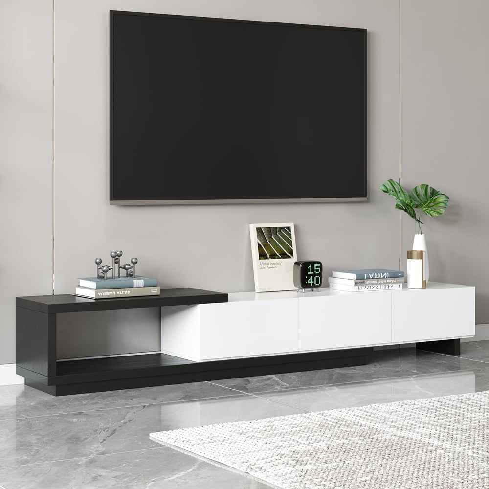 Modern Black and White Extendable Tv Table with 3 Drawers 180x40x35