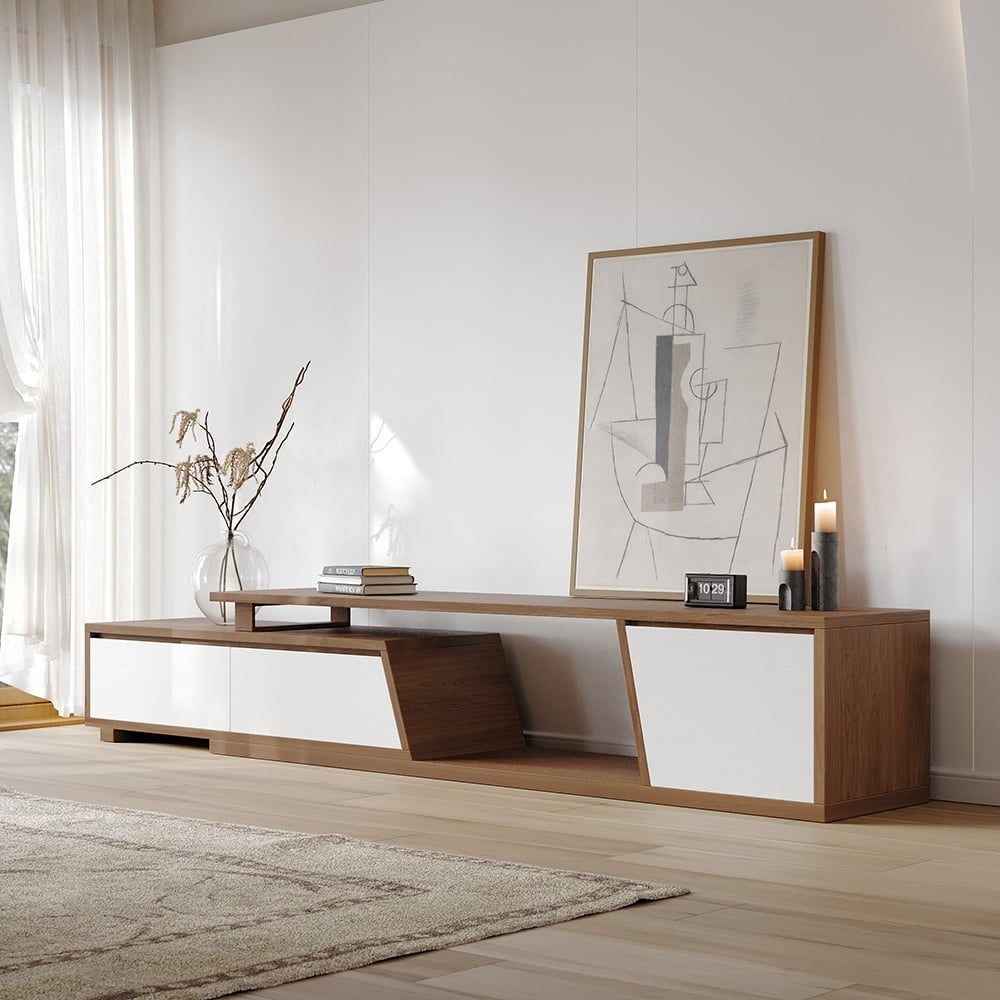 Modern Grey and White Extendable Tv Table with 3 Drawers
