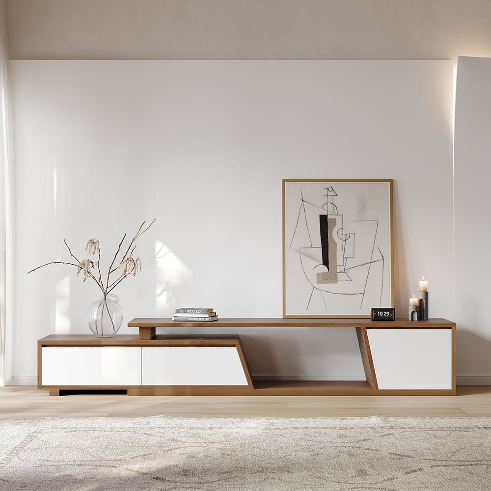 Modern Walnut Extendable Tv Table with 3 Drawers