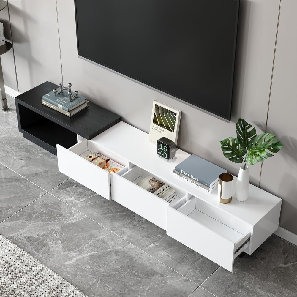 Modern Black and White Extendable Tv Table with 3 Drawers 180x40x35