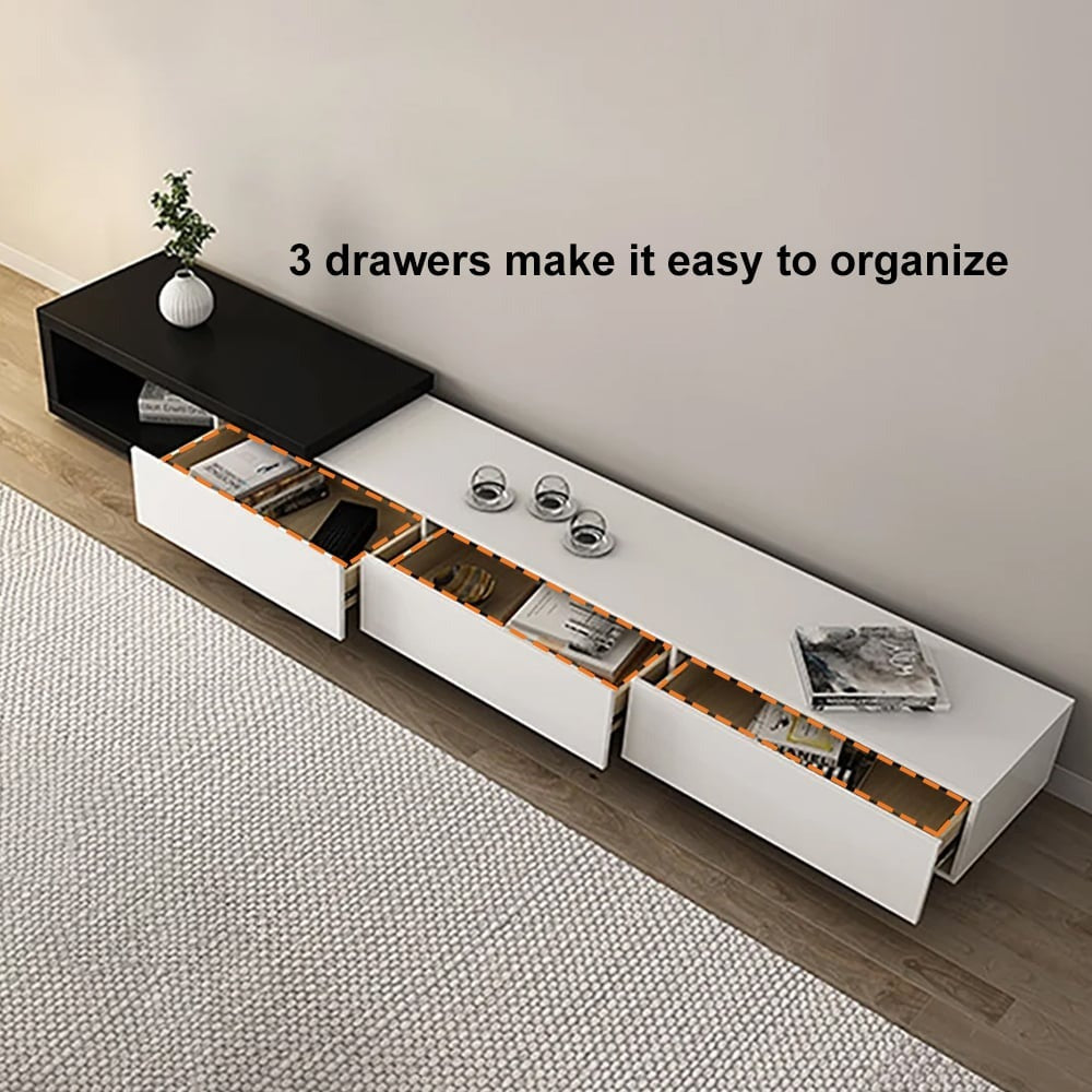 Modern Black and White Extendable Tv Table with 3 Drawers 180x40x35